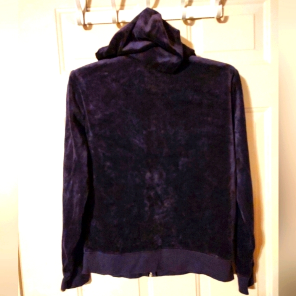💜🍇💜 Awesome Cozy Rhinestone Deep Grape Purple Velvet Velour Hoodie Jacket - L - Picture 3 of 14